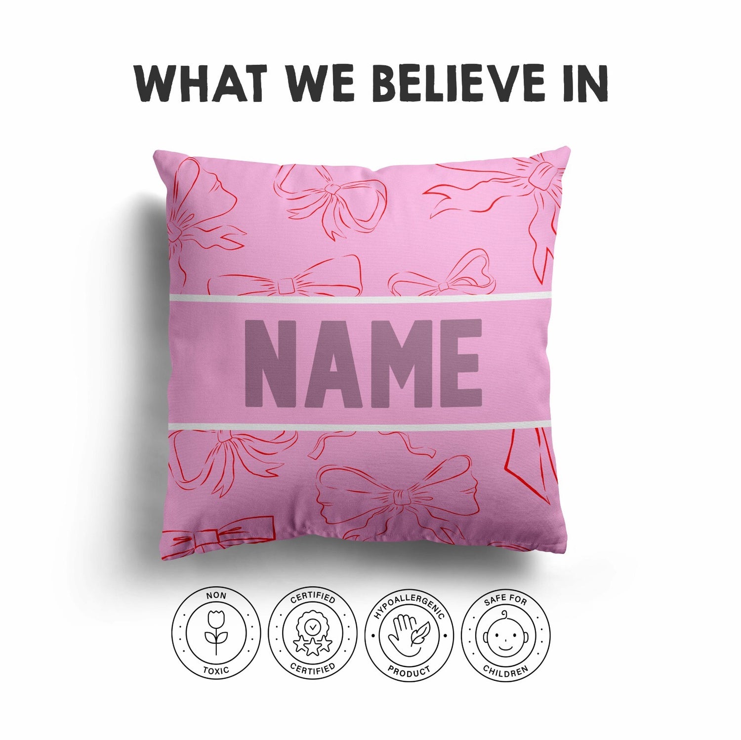 Personalised Name Coloured Pink Bows Printed Square Fillled Zipped Cushion Throw