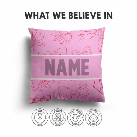 Personalised Name Coloured Pink Bows Printed Square Fillled Zipped Cushion Throw