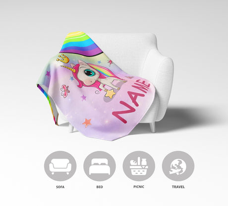 Personalised Name Unicorn Rainbow Mythical Soft Warm Fleece Blanket Decoration