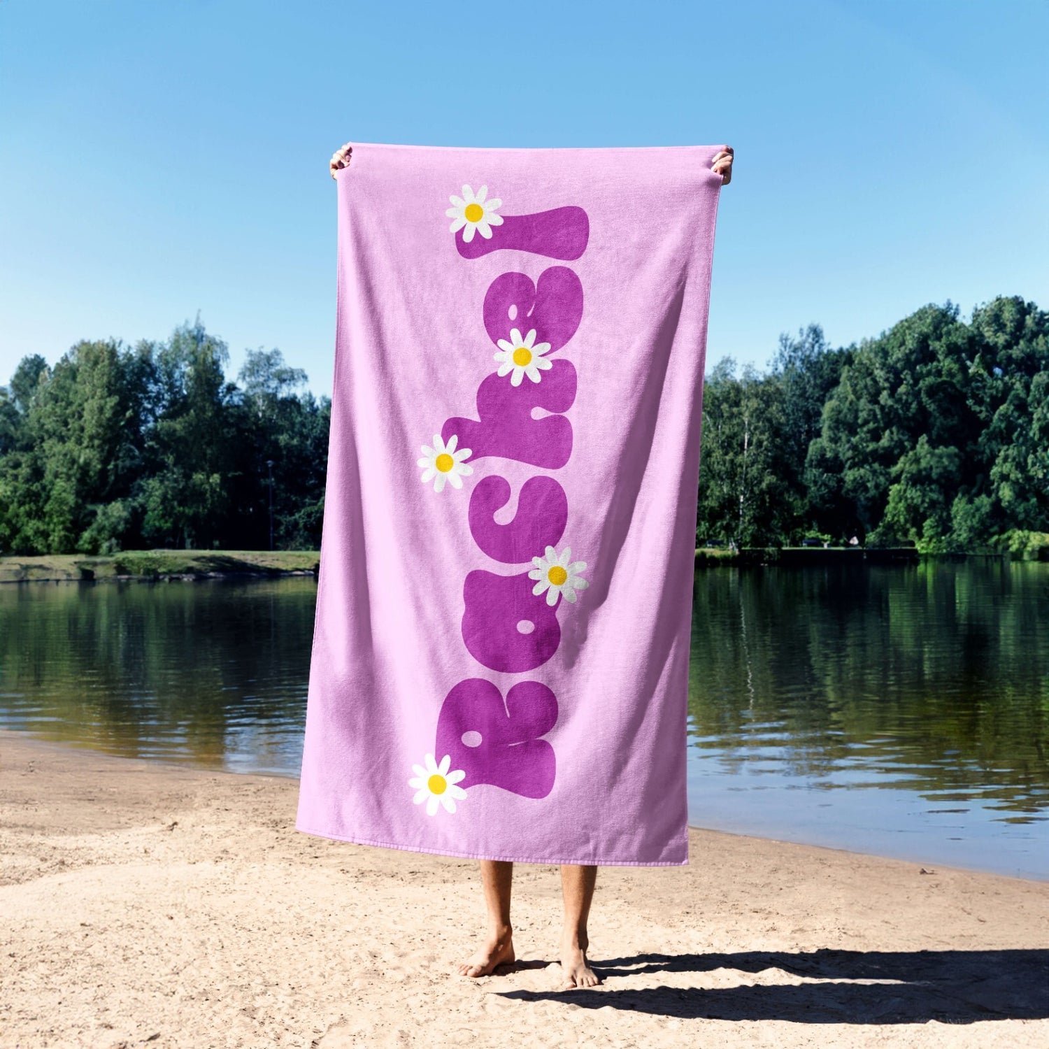 Personalised Custom Name Groovy Daisy Font Soft Absorbent Beach Bath Sheet Towel
