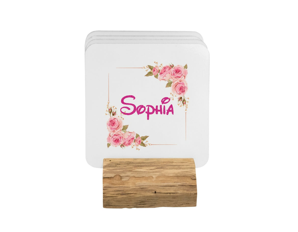 Personalised Name Floral Roses Pink Coffee Tea Mug Gift 11oz Mug + Coaster