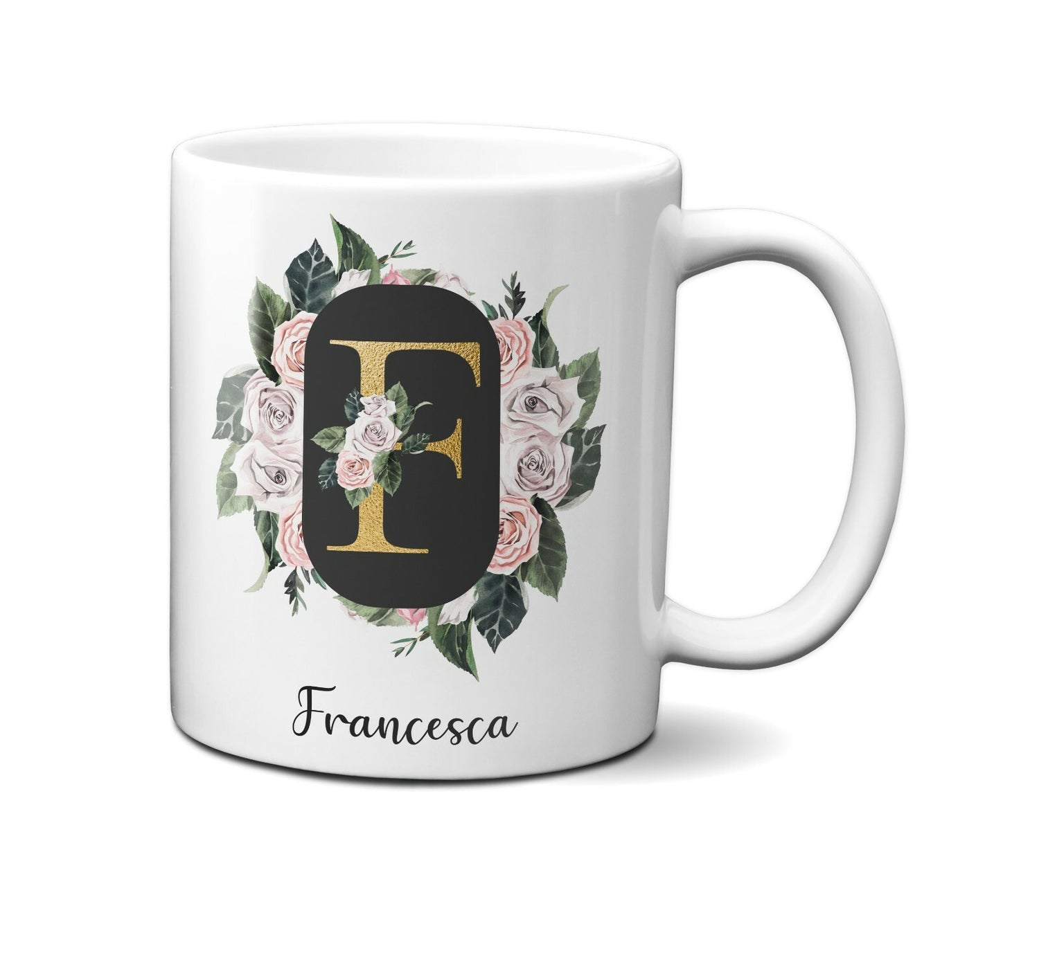 Personalised Floral Frame Gold Floral Name Initial Letter Mug Gift 11oz Ceramic