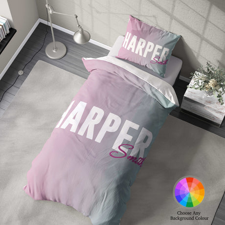 Personalised Name Gradient Two Tone Coloured Single Bed Duvet Cover + Pillowcase