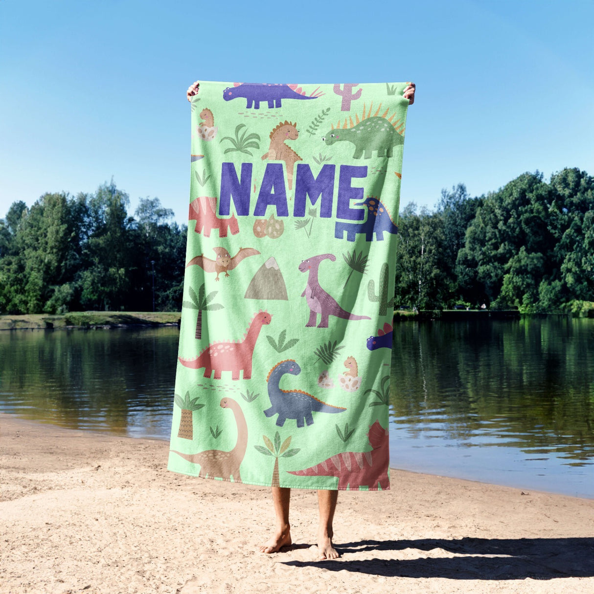 Personalised Custom Name Dinosaurs Clip Art Absorbent Beach Bath Sheet Towel