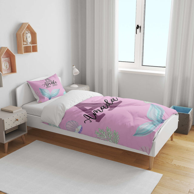 Personalised Name Mermaid Tail Monogram Font Cot Bed Duvet Cover + Pillowcase
