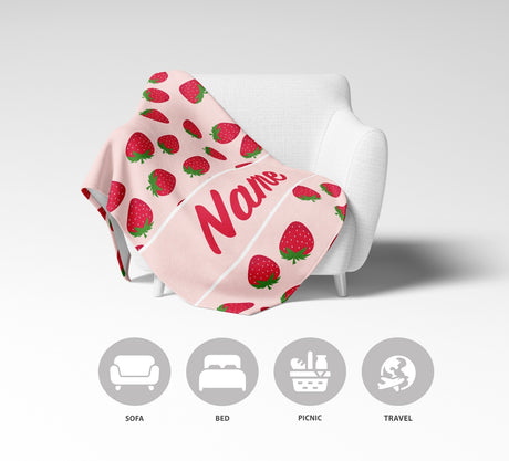 Personalised Custom Name Colour Strawberries Soft Warm Fleece Blanket Decoration