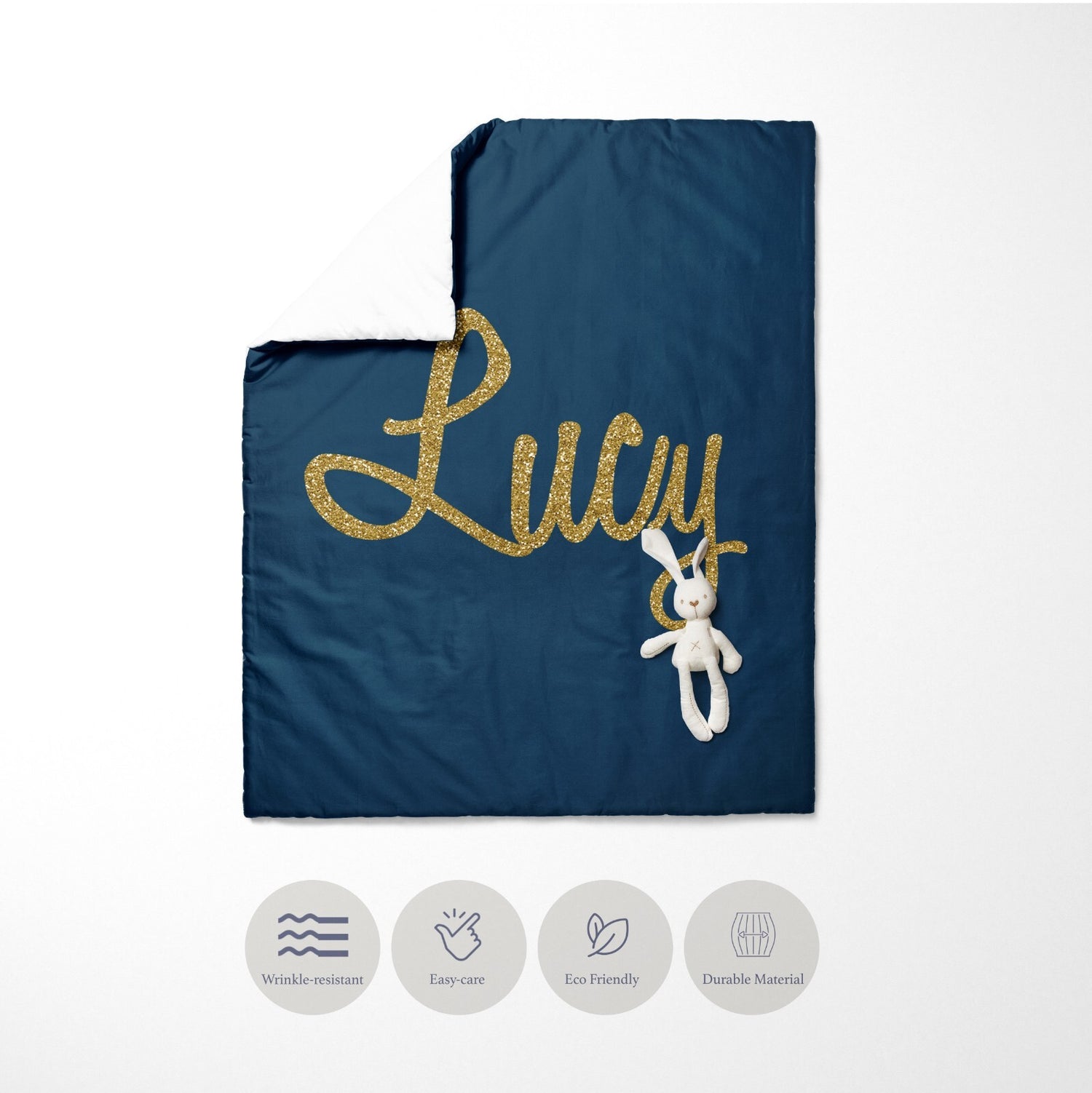 Personalised Name Gold Glitter Font Toddler Cot Bedding Duvet Cover + Pillowcase