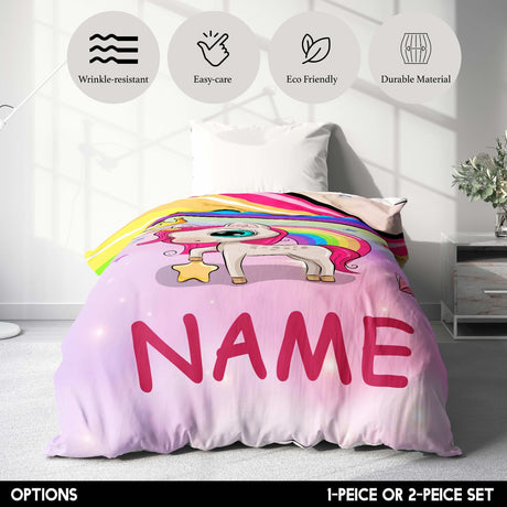 Personalised Name Unicorn Rainbow Mythical Single Bed Duvet Cover + Pillowcase