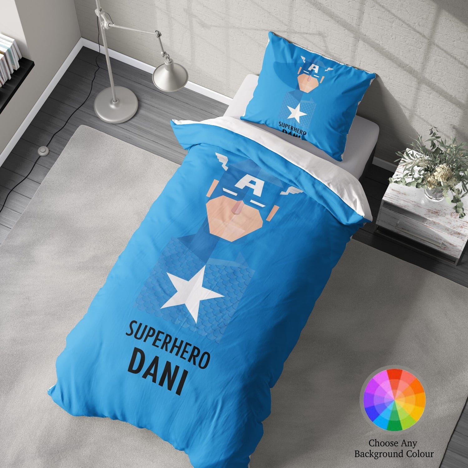 Superhero Personalised Name Custom Colour Single Bed Duvet Cover Pillowcase Set