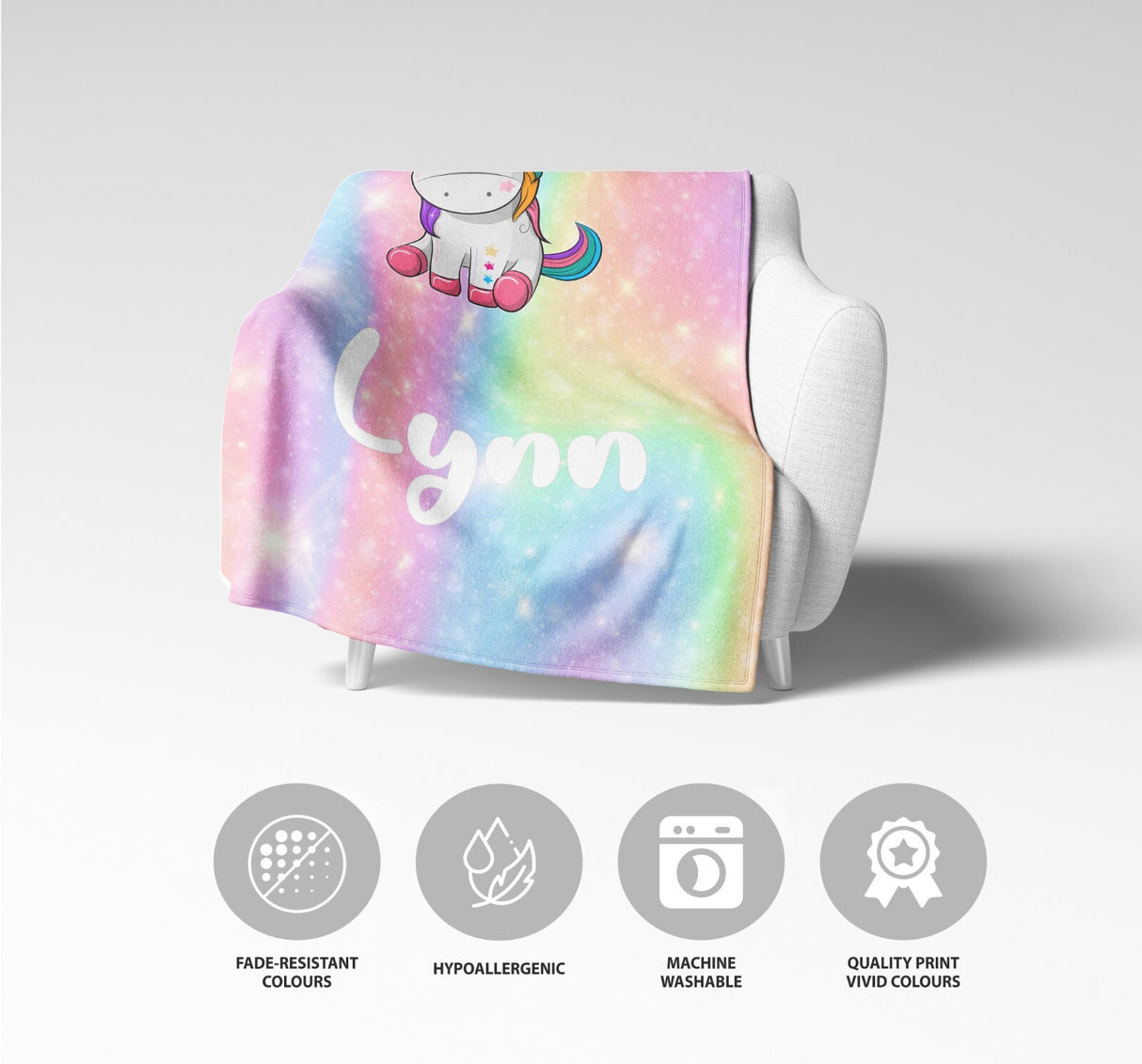 Personalised Custom Name Rainbow Unicorn Kids Novelty Warm Fleece Blanket Decor