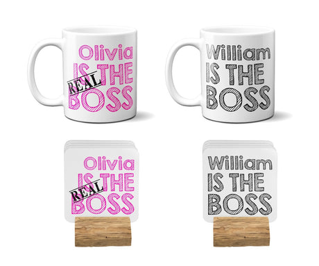 Set of 2 His & Hers The Real Boss Novelty Funny Personalised Coffee Mug Tea