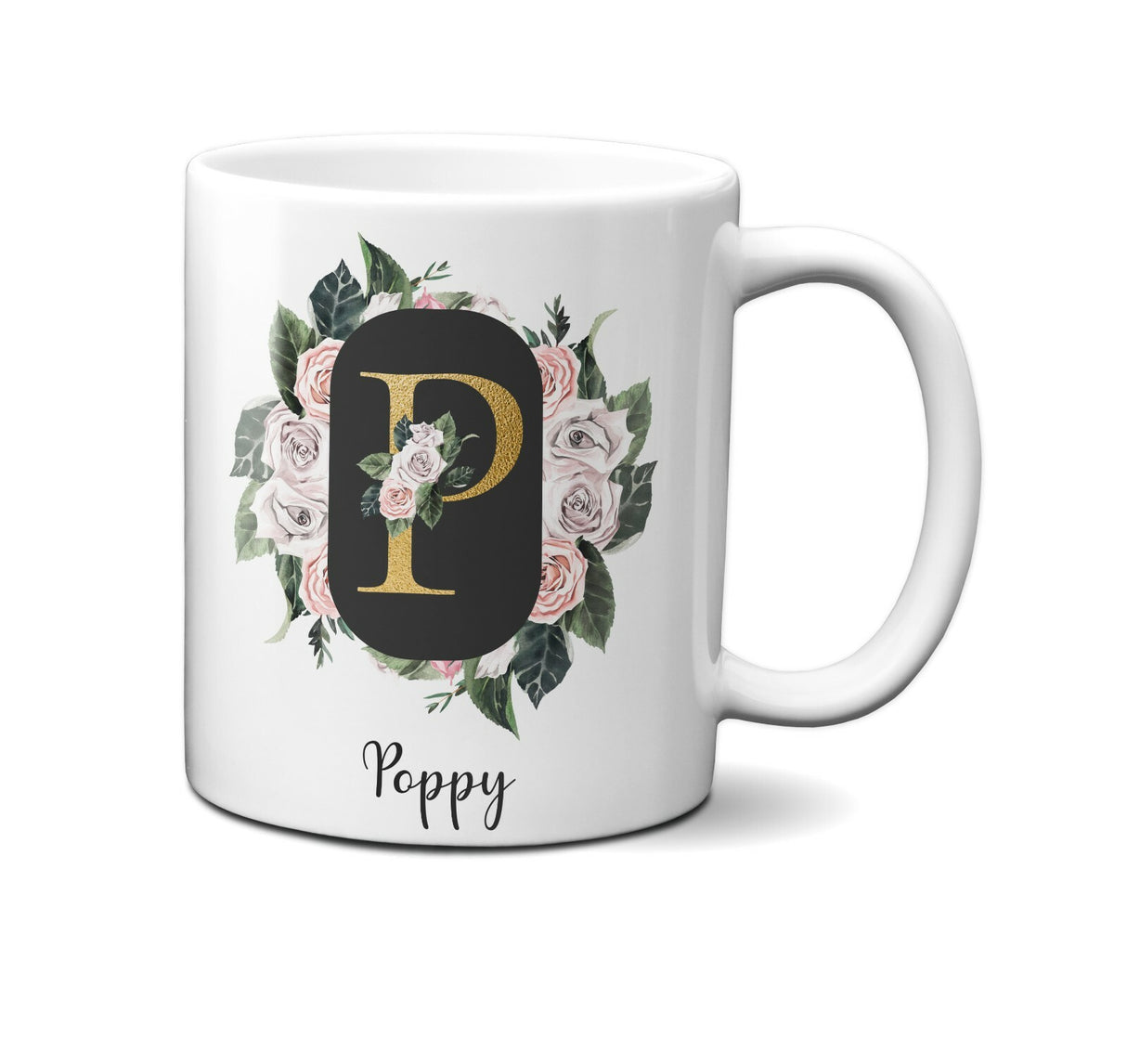 Personalised Floral Frame Gold Floral Name Initial Letter Mug Gift 11oz Ceramic