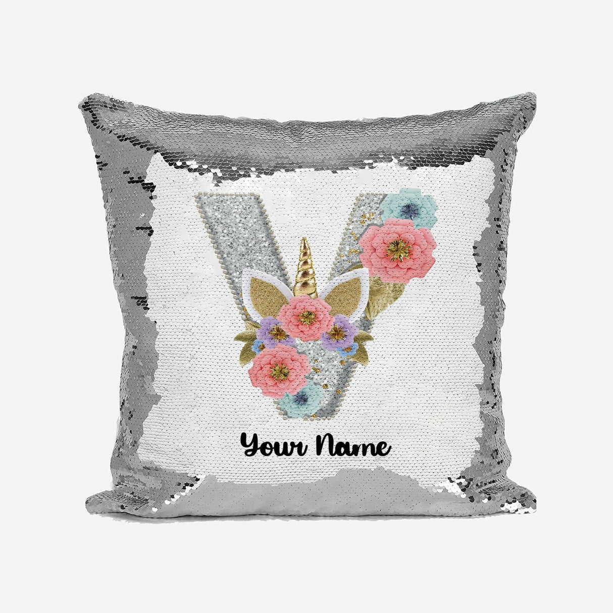 Personalised Unicorn Sparkly Monogram Alphabet Sequin Magic Cushion Cover+Pillow