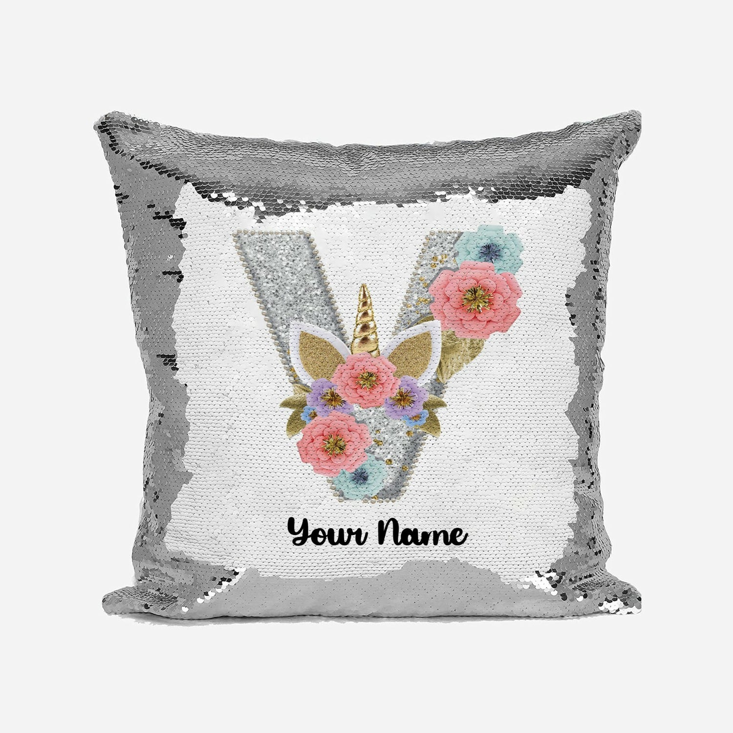 Personalised Unicorn Sparkly Monogram Alphabet Sequin Magic Cushion Cover+Pillow