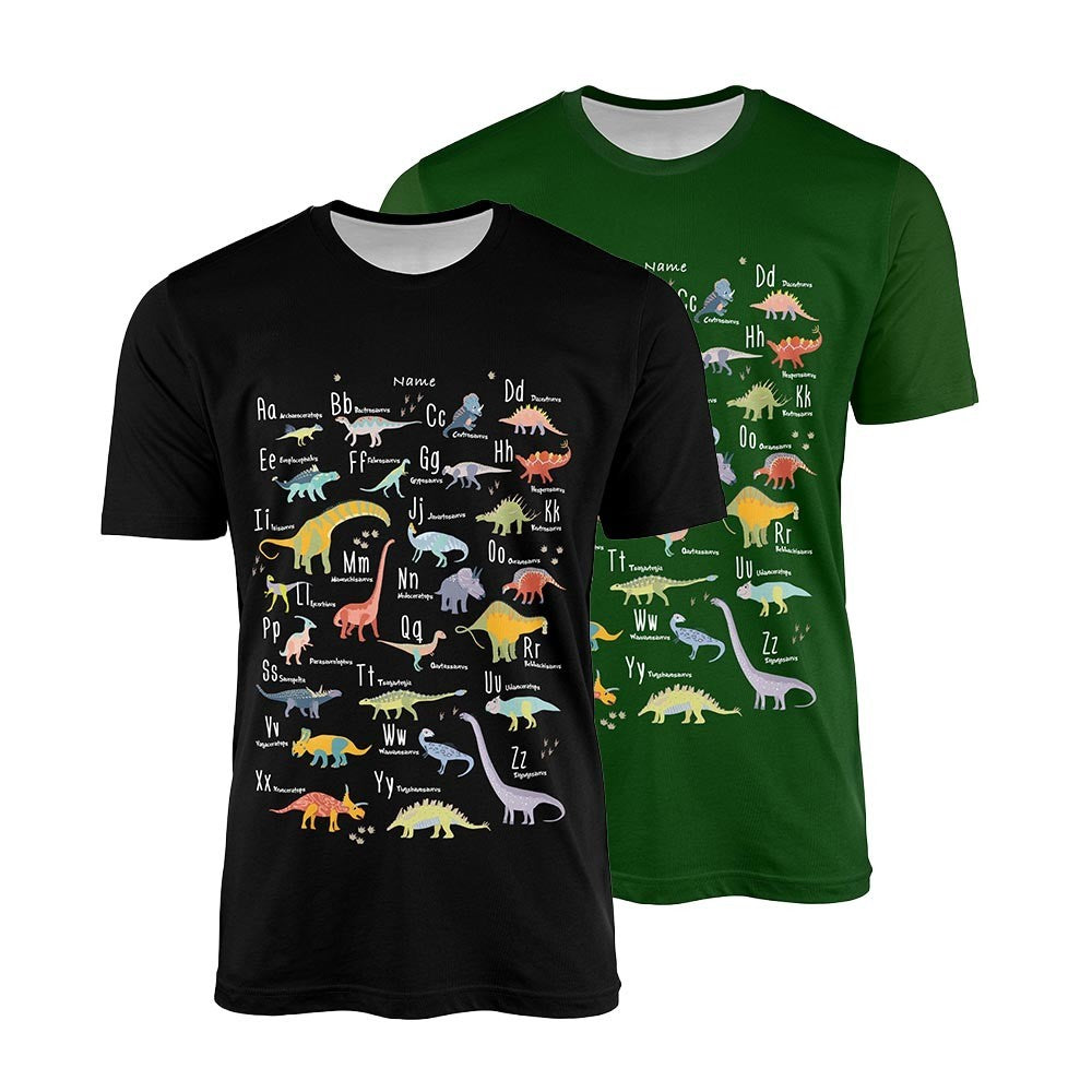 Personalised Dinosaur Alphabet T-Shirt Custom All Over Print Unisex Colour