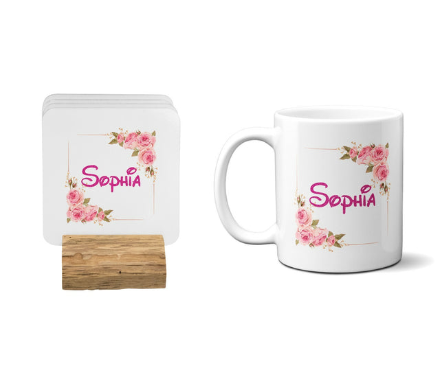 Personalised Name Floral Roses Pink Coffee Tea Mug Gift 11oz Mug + Coaster