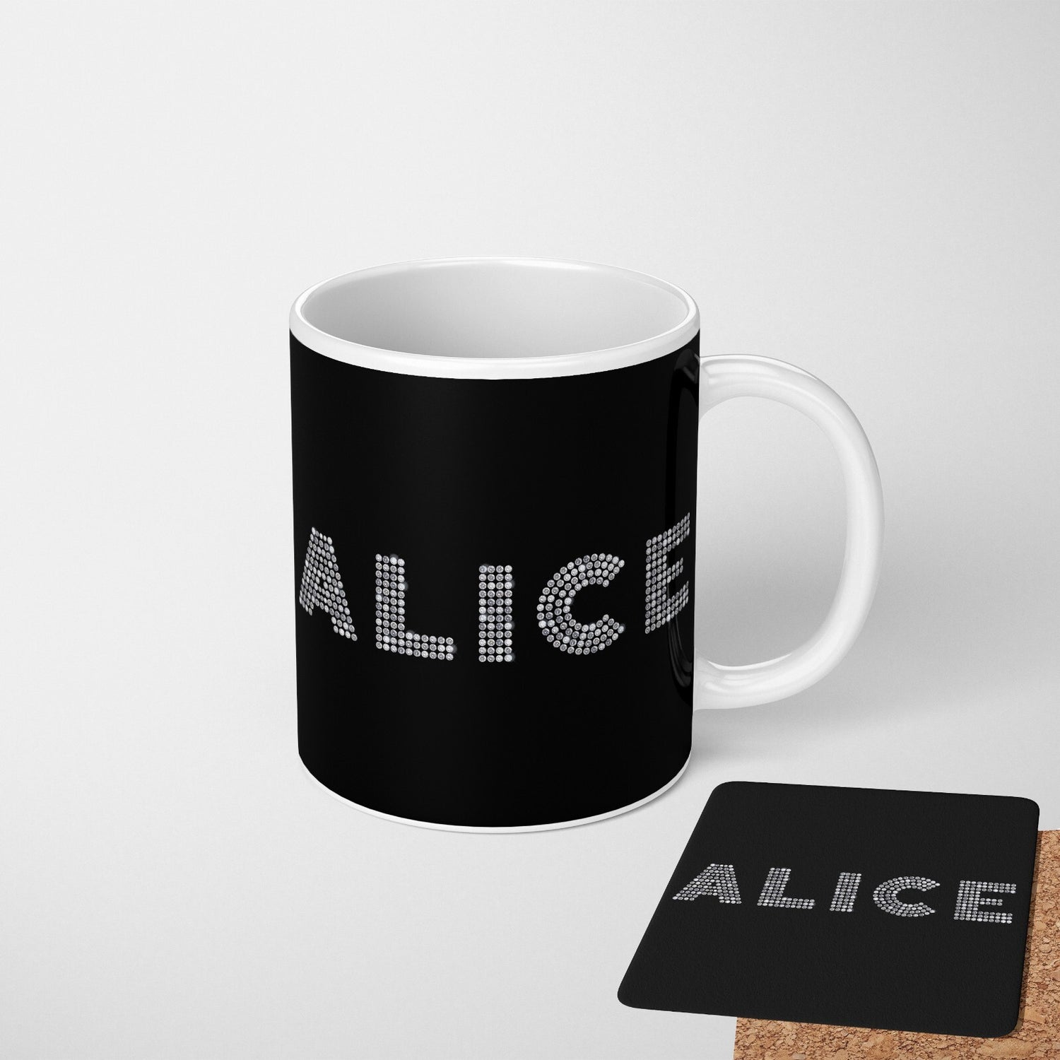 Personalised Name Diamond Gems Bling Font Coffee Tea Mug Coaster Gift Him Her