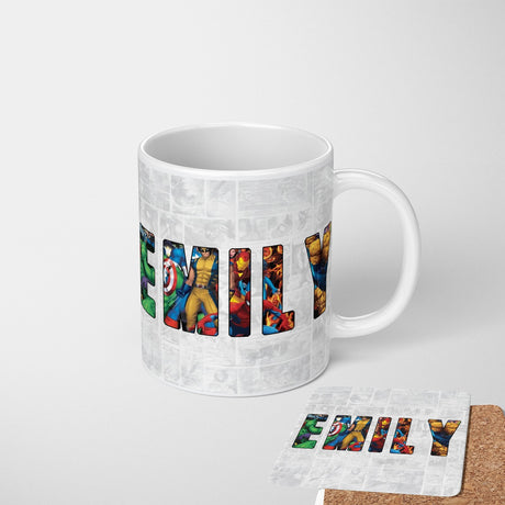 Personalised Superhero Name Mug & Coaster Set Gift for Kids – 11oz Ceramic Cup