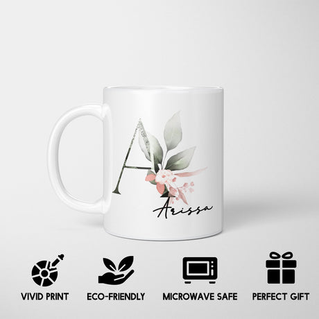 Gentle Botanical Blush Pink Name Initial Letter Tea Coffee Mug Set Gift Him Her