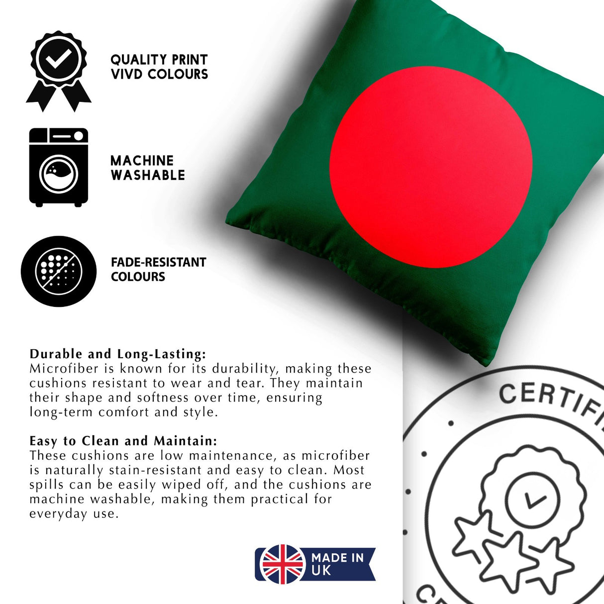 Bangladesh Flag Design Filled Square Cushion Decorative Throw Gift Soft Any Size