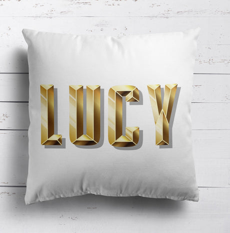 Personalised Any Name Gold Brick Letters Soft Square Filled Cushion Throw Decor