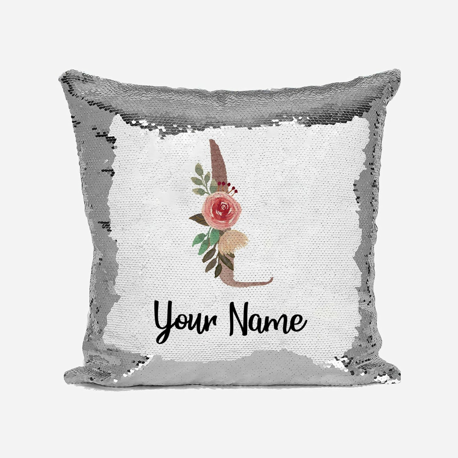Personalised Floral Watercolour Effect Alphabet Sequin Magic Cushion + Pillow