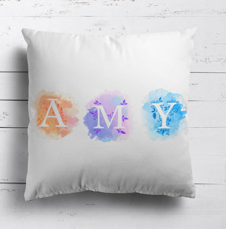 Personalised Name Watercolour Letters Font Kids Soft Square Filled Cushion Decor