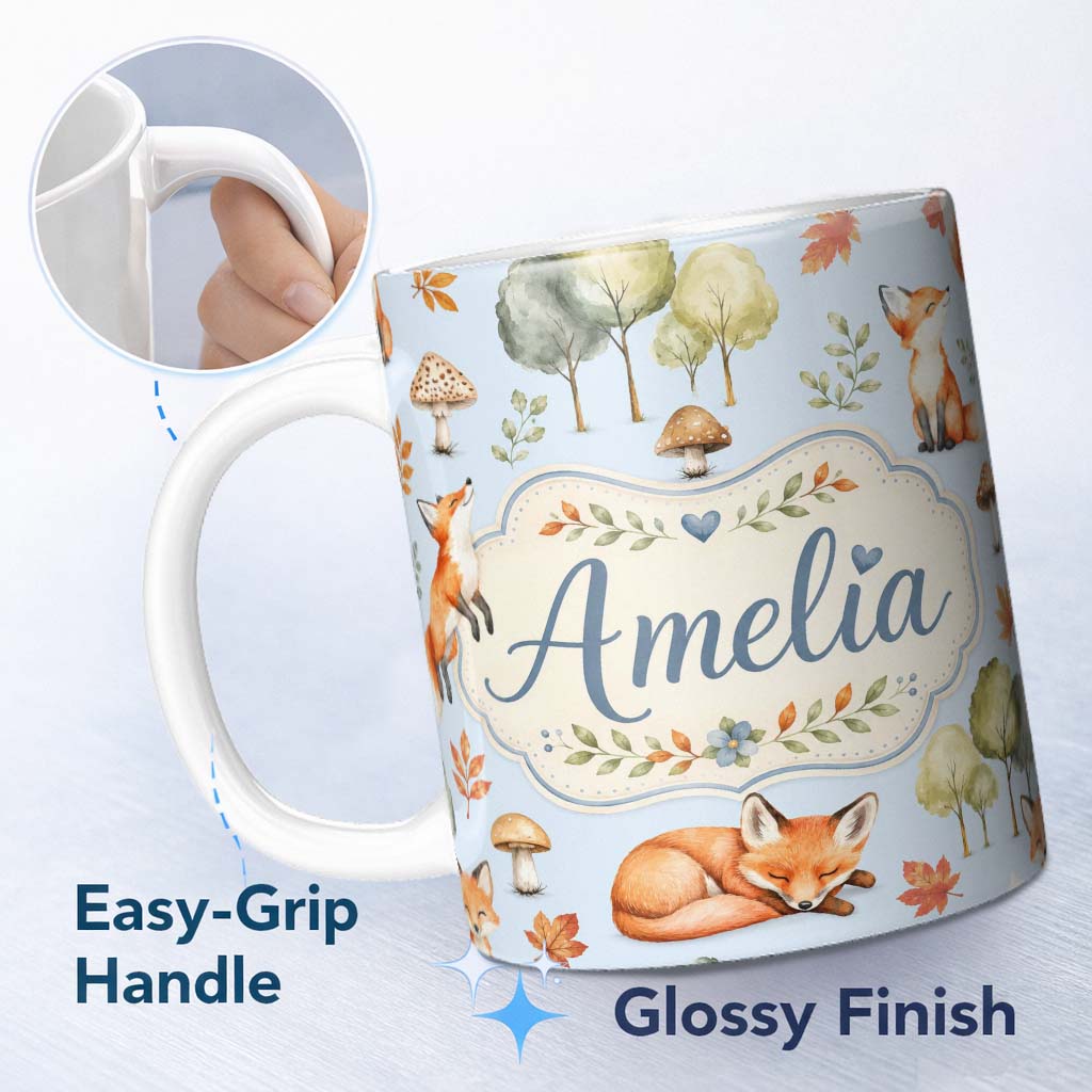 Personalized Custom Name Woodland Fox with Trees Leaves Mushrooms Soft Blue Seamless Pattern 11oz Ceramic Coffee Tea Mug White Large Handle