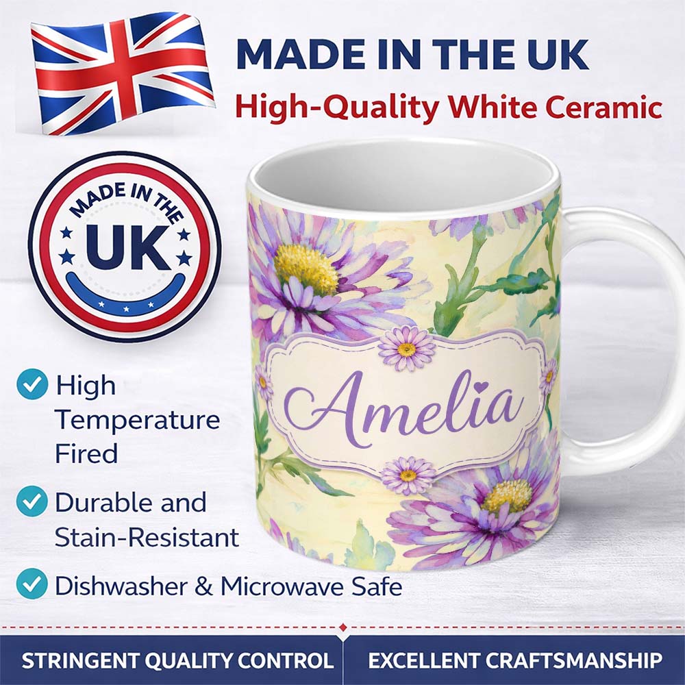 Personalized Custom Name Watercolor Purple Daisy Floral Seamless Pattern on Soft Cream Lovely 11oz Ceramic Coffee Tea Mug White Large Handle