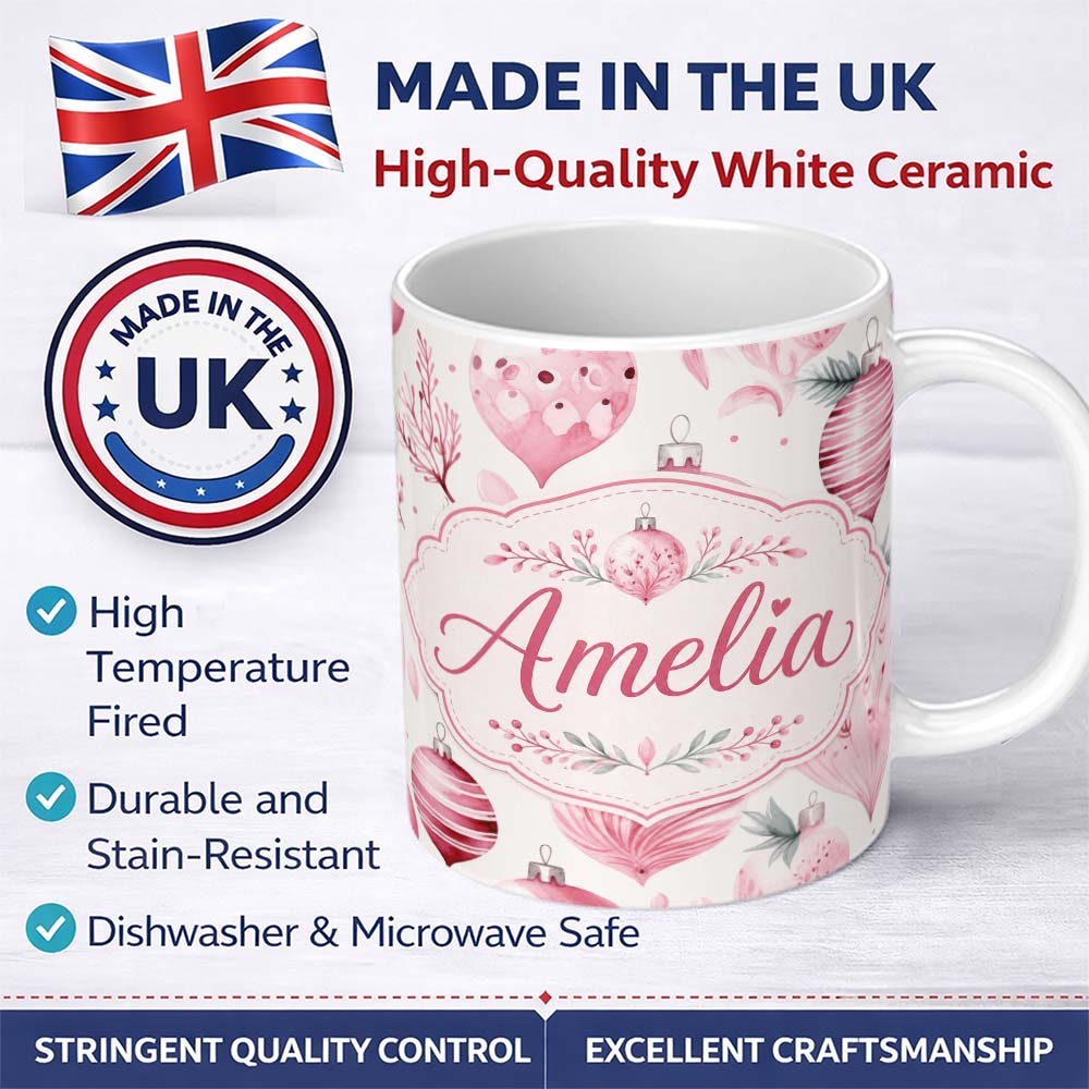 Personalized Custom Name Elegant Pink Christmas Baubles Watercolor Seamless Pattern Lovely 11oz Ceramic Coffee Tea Mug White Large Handle