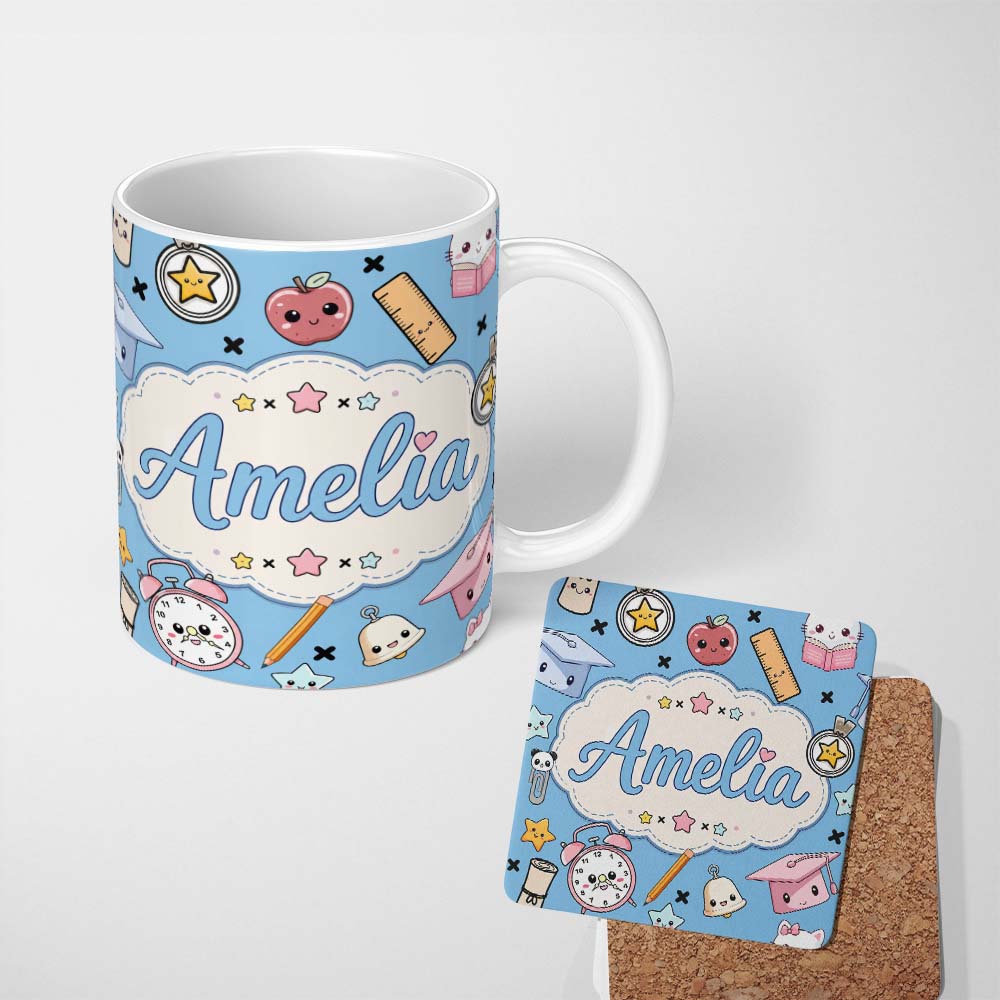 Personalized Custom Name Cute Kawaii School Supplies And Study Seamless Pattern Blue Lovely 11oz Ceramic Coffee Tea Mug White Large Handle