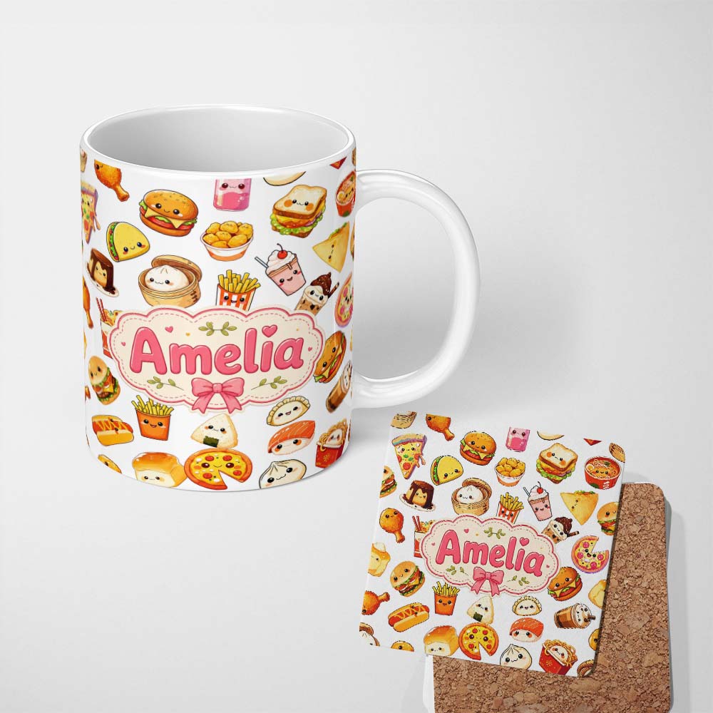 Personalized Custom Name Kawaii Fast Food Burger Sushi Taco Pizza Grey Seamless Pattern Name 11oz Ceramic Coffee Tea Mug White Large Handle
