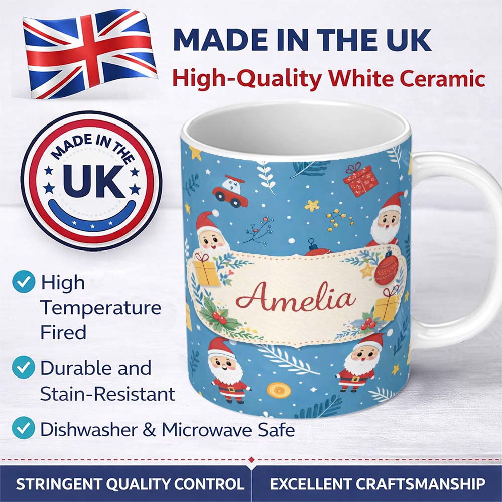 Personalized Custom Name Red Festive Christmas Tree Reindeer Snowman Seamless Pattern Lovely 11oz Ceramic Coffee Tea Mug White Large Handle