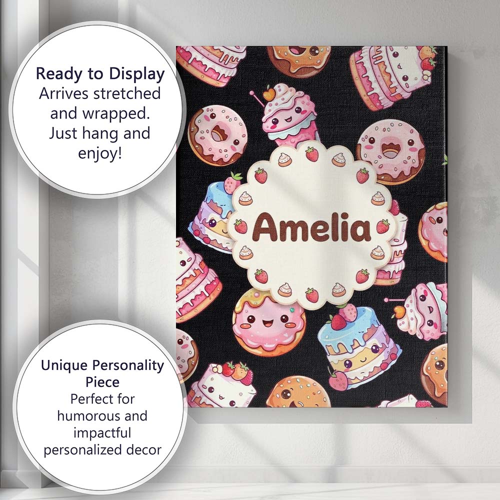 Personalised Name Cute Kawaii Donuts Cakes Custom Unique Gift Idea Elegant Feature Canvas Wall Art Print Decor Picture Ready to Hang