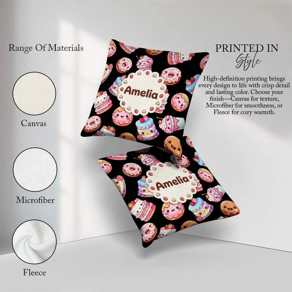 Custom Name Kawaii Donuts Cakes and Cupcakes with Faces Seamless Square Filled Cushion Throw Pillow Sofa Bed Home Decor Zip Washable UK Made