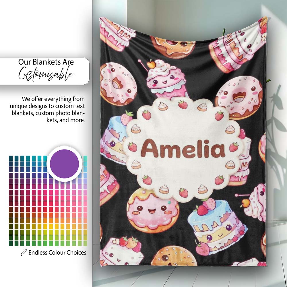 Cute Kawaii Donuts Cakes and Cupcakes with Smiling Faces Seamless Personalised Custom Name Super Soft Fleece Blanket Bed Sofa Throw