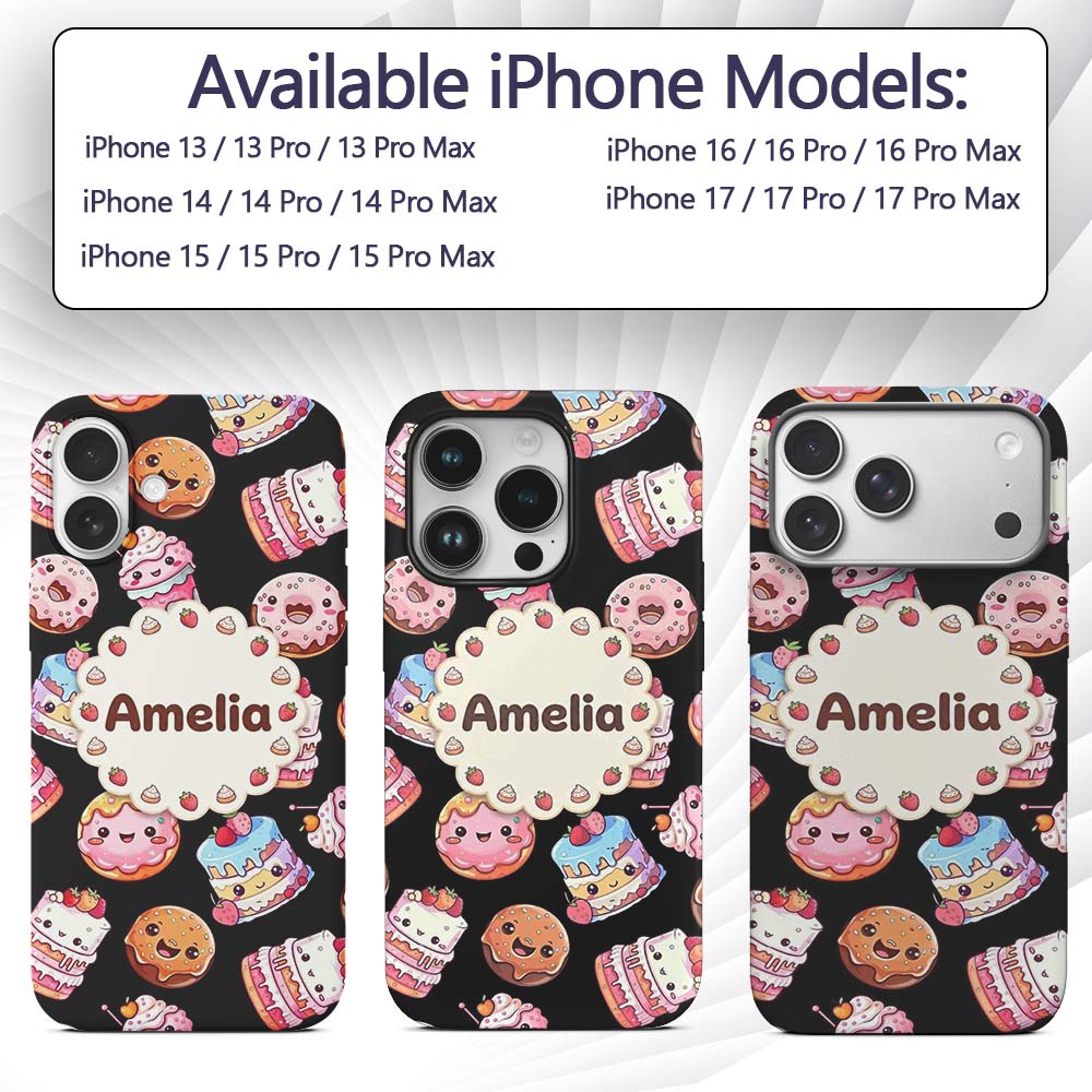 Cute Kawaii Donuts Cakes and Decorative Design Custom Name Protective Phone Case Mobile Cover Durable Everyday Smartphone Shock Resistant