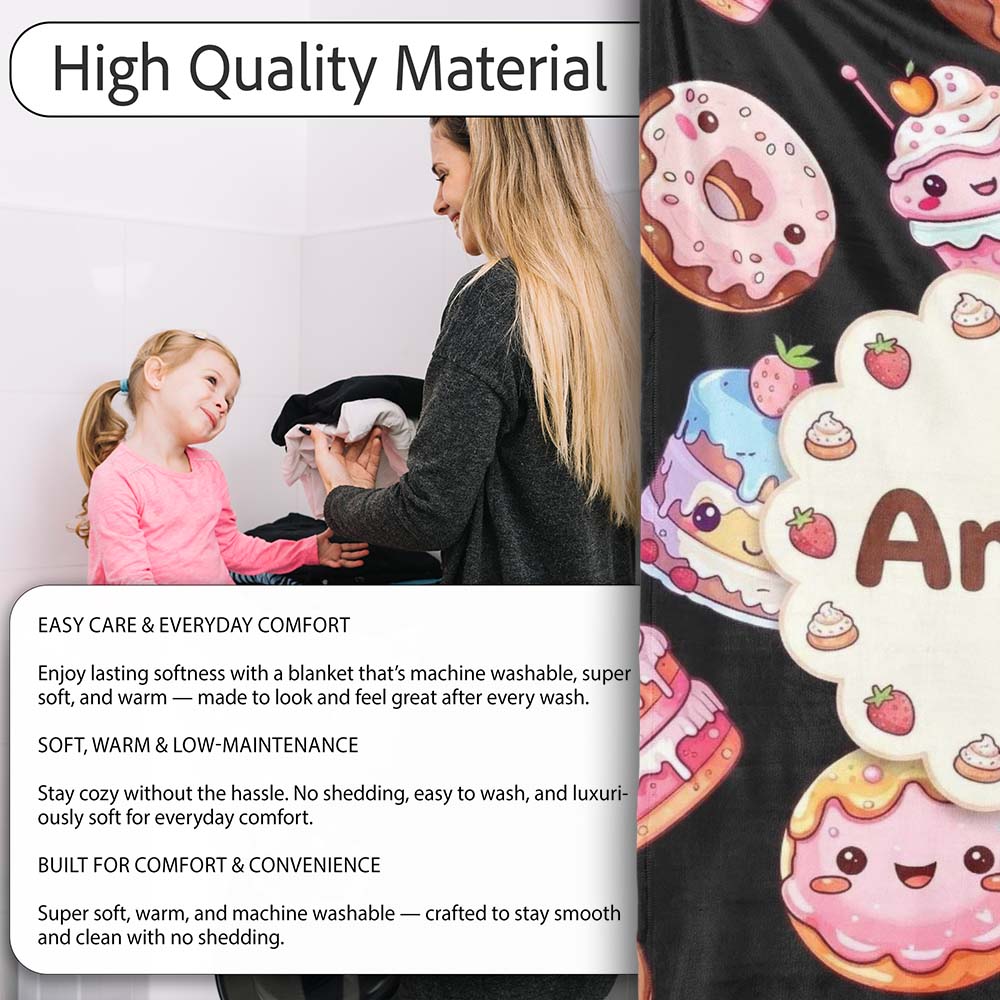 Cute Kawaii Donuts Cakes and Cupcakes with Smiling Faces Seamless Personalised Custom Name Super Soft Fleece Blanket Bed Sofa Throw
