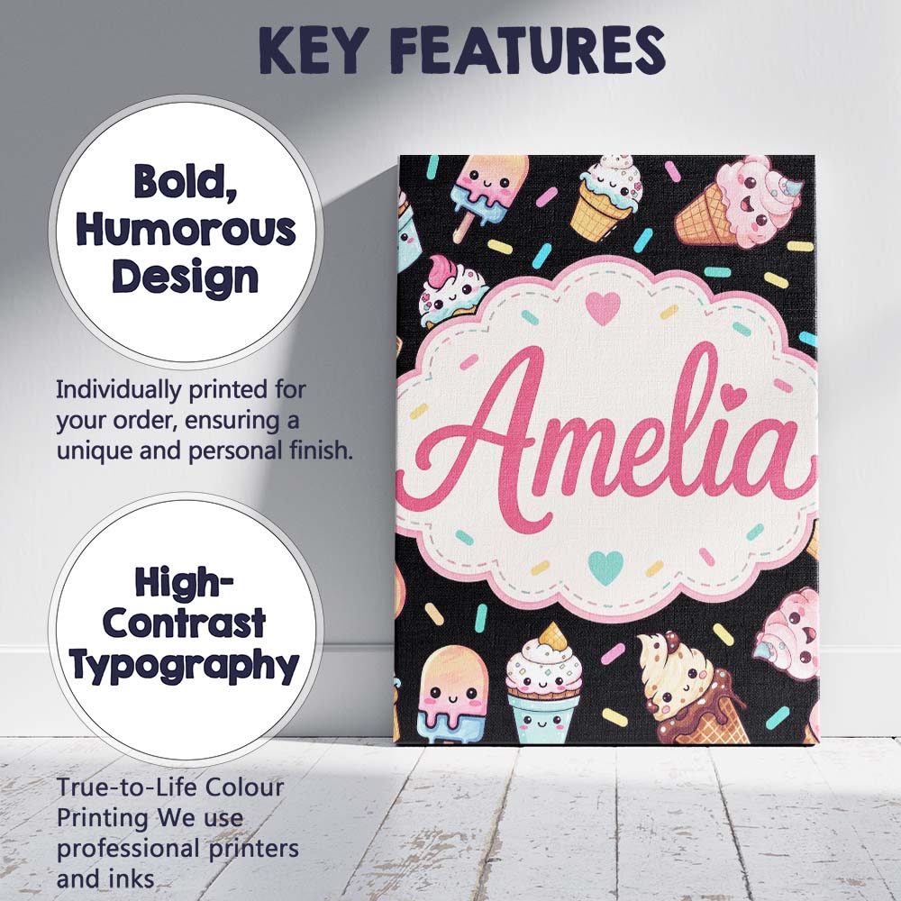 Personalised Name Cute Ice Cream Cones Custom Modern Room Accent Elegant Feature Canvas Wall Art Print Decor Picture Ready to Hang