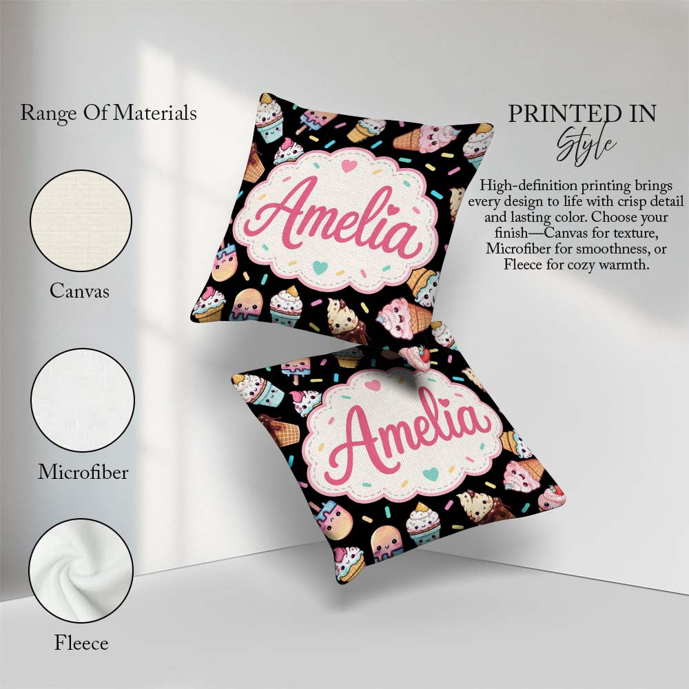 Custom Name Ice Cream Cones Popsicles and Sweet Seamless Pattern Square Filled Cushion Throw Pillow Sofa Bed Home Decor Zip Washable UK Made