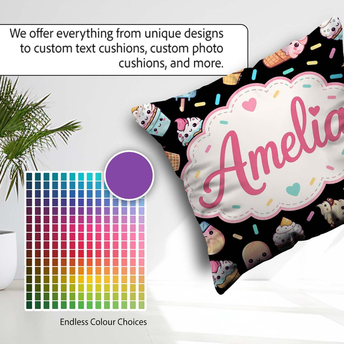 Custom Name Ice Cream Cones Popsicles and Sweet Seamless Pattern Square Filled Cushion Throw Pillow Sofa Bed Home Decor Zip Washable UK Made