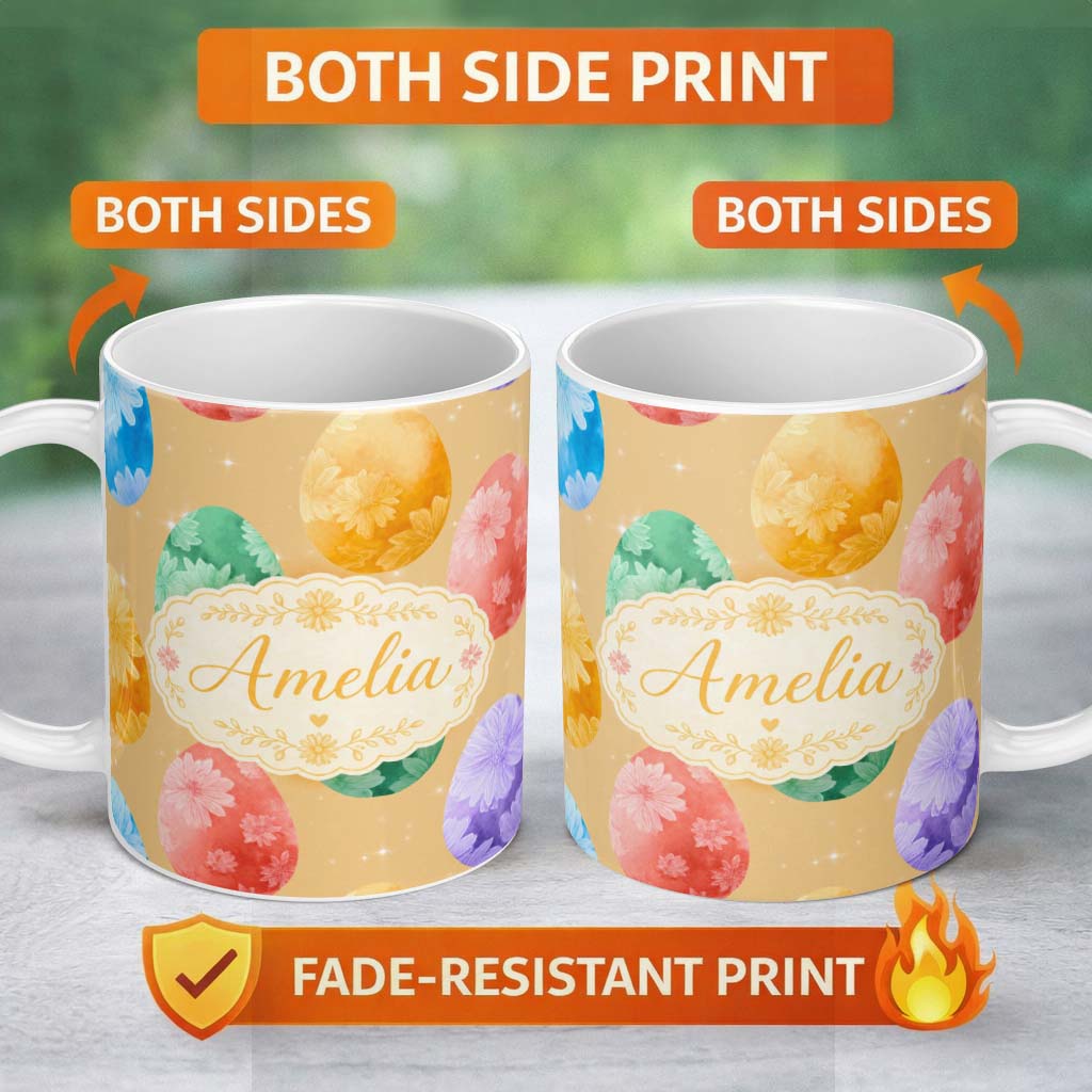 Personalized Custom Name Pastel Easter Egg Pattern with Floral Designs on Soft Golden Lovely 11oz Ceramic Coffee Tea Mug White Large Handle