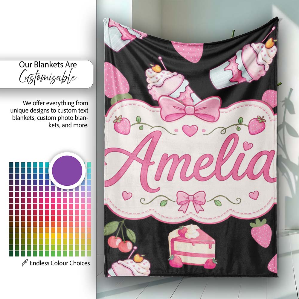 Cute Strawberry Cupcakes and Dessert Drinks Kawaii Style Seamless Personalised Custom Name Super Soft Fleece Blanket Bed Sofa Throw