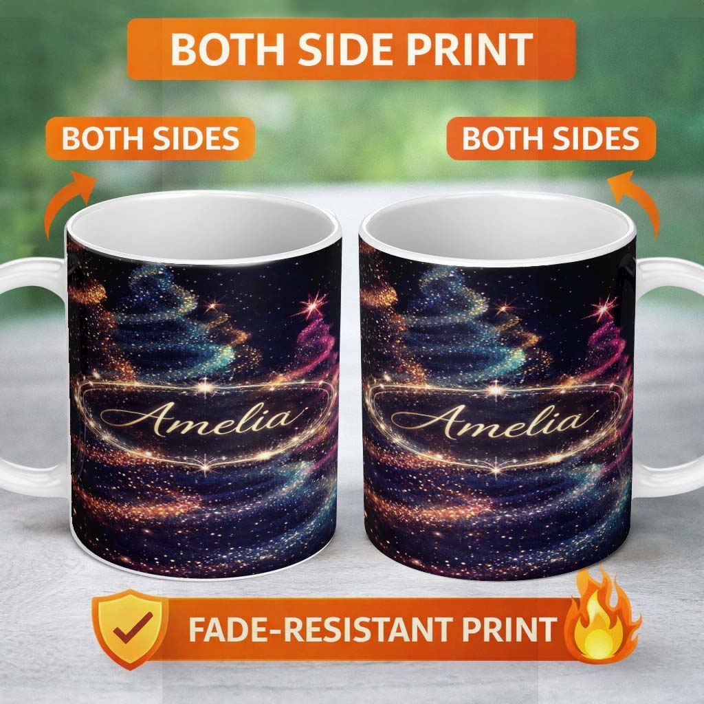 Personalized Custom Name Abstract Christmas Tree Lights Seamless Pattern Stylish Everyday Mug 11oz Ceramic Coffee Tea Mug White Large Handle