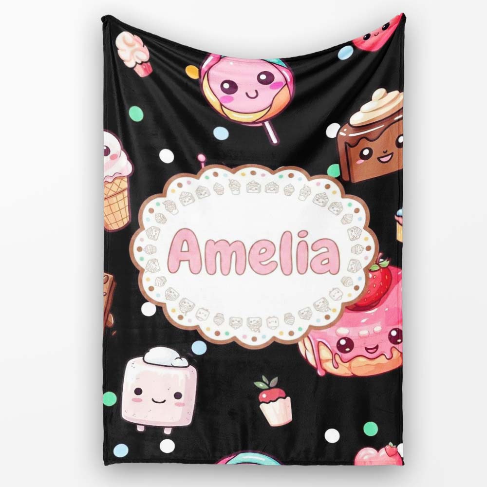 Cute Kawaii Desserts Candy Cakes and Sweet Treat Characters Seamless Personalised Custom Name Super Soft Fleece Blanket Bed Sofa Throw
