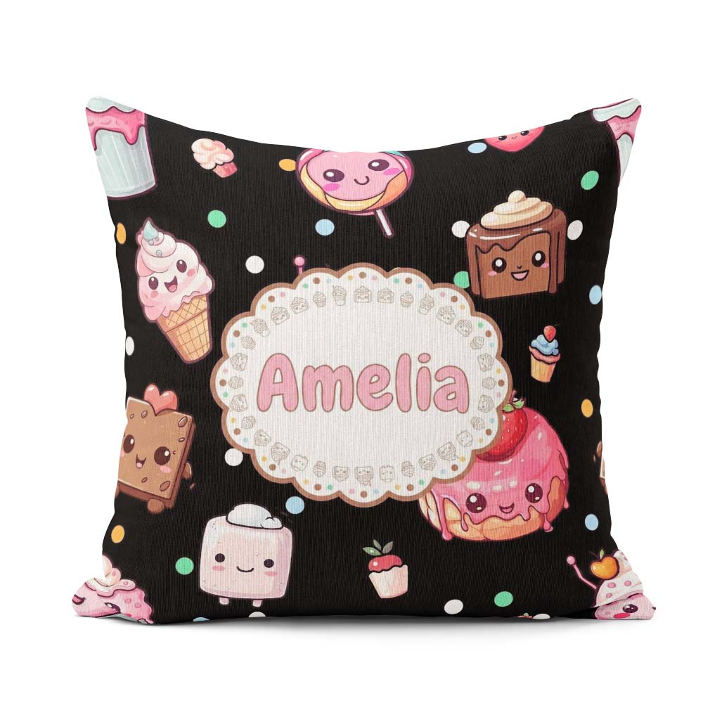Custom Name Kawaii Desserts Candy Cakes and Sweet Treat Seamless Square Filled Cushion Throw Pillow Sofa Bed Home Decor Zip Washable UK Made
