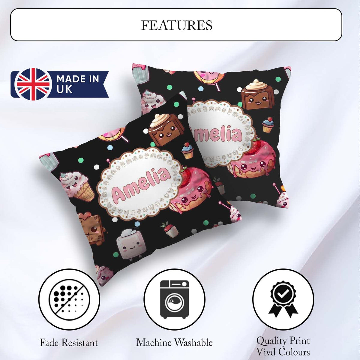 Custom Name Kawaii Desserts Candy Cakes and Sweet Treat Seamless Square Filled Cushion Throw Pillow Sofa Bed Home Decor Zip Washable UK Made
