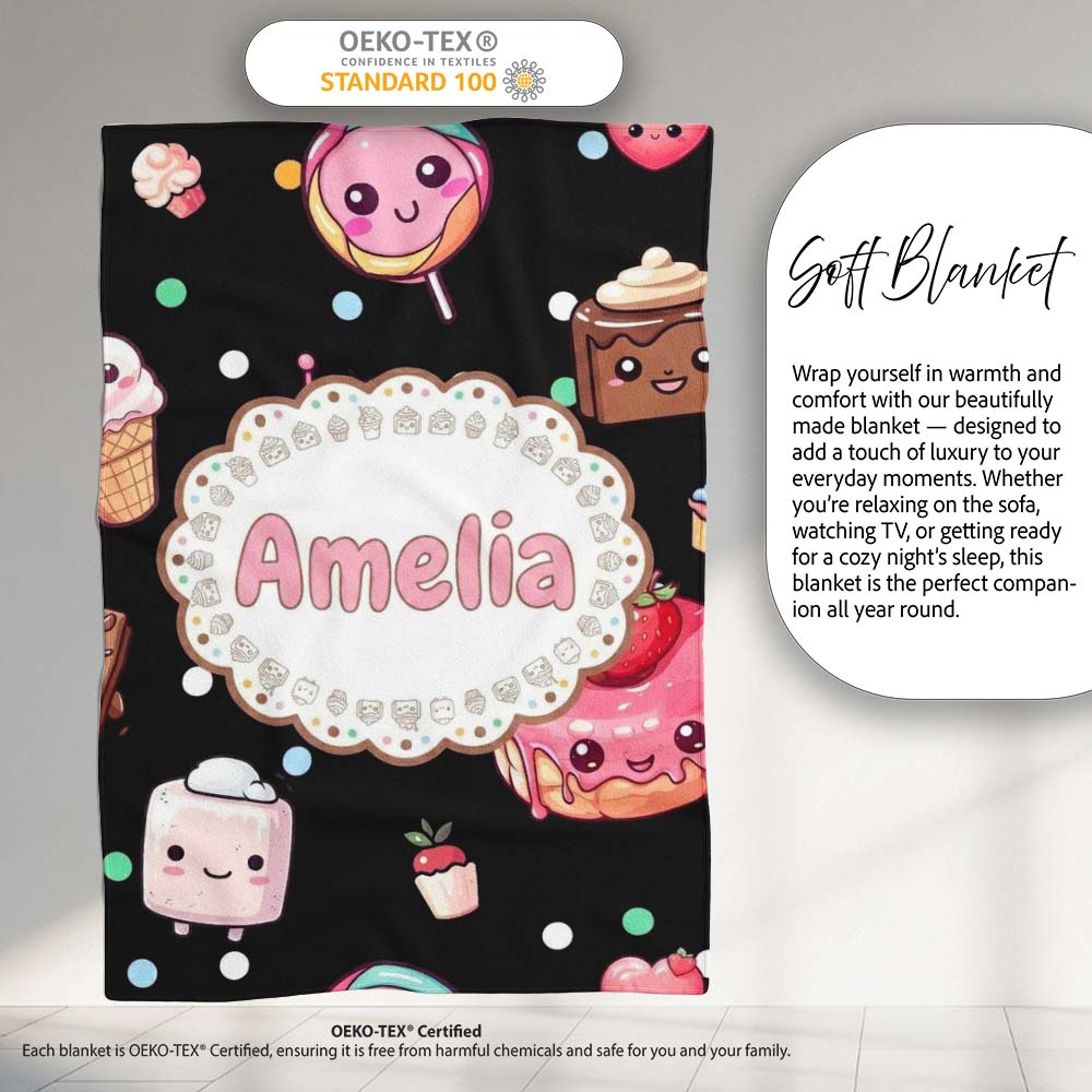 Cute Kawaii Desserts Candy Cakes and Sweet Treat Characters Seamless Personalised Custom Name Super Soft Fleece Blanket Bed Sofa Throw
