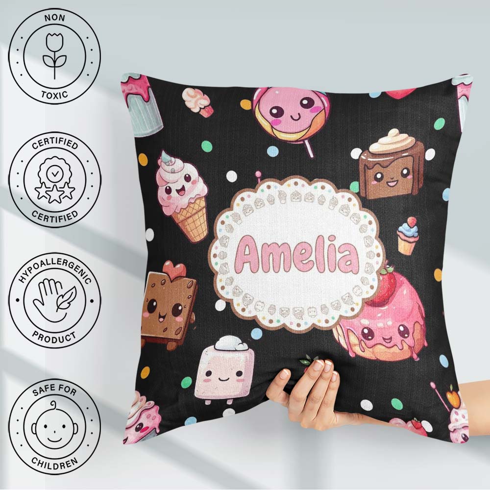 Custom Name Kawaii Desserts Candy Cakes and Sweet Treat Seamless Square Filled Cushion Throw Pillow Sofa Bed Home Decor Zip Washable UK Made