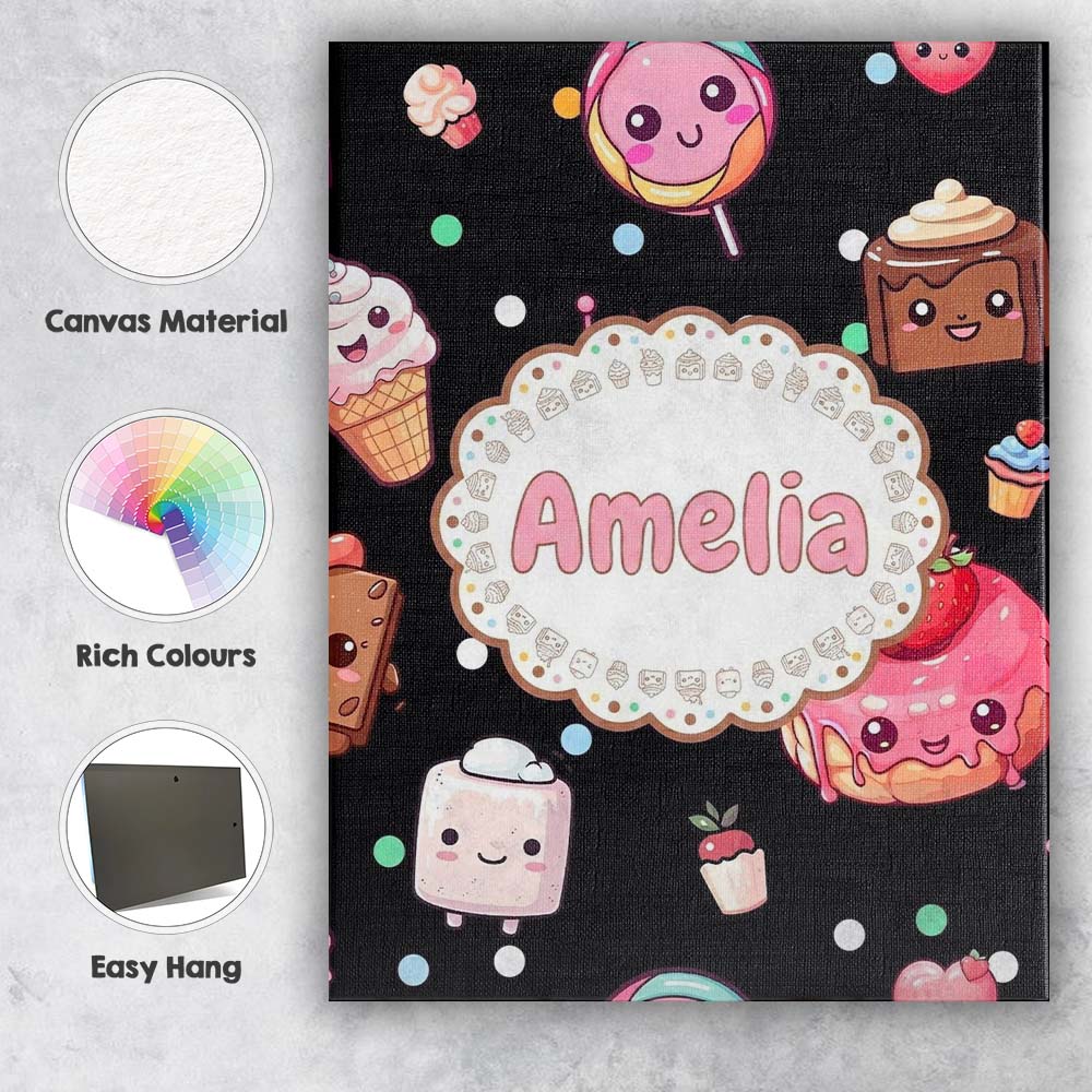 Personalised Name Cute Kawaii Desserts Custom Modern Room Accent Elegant Feature Canvas Wall Art Print Decor Picture Ready to Hang